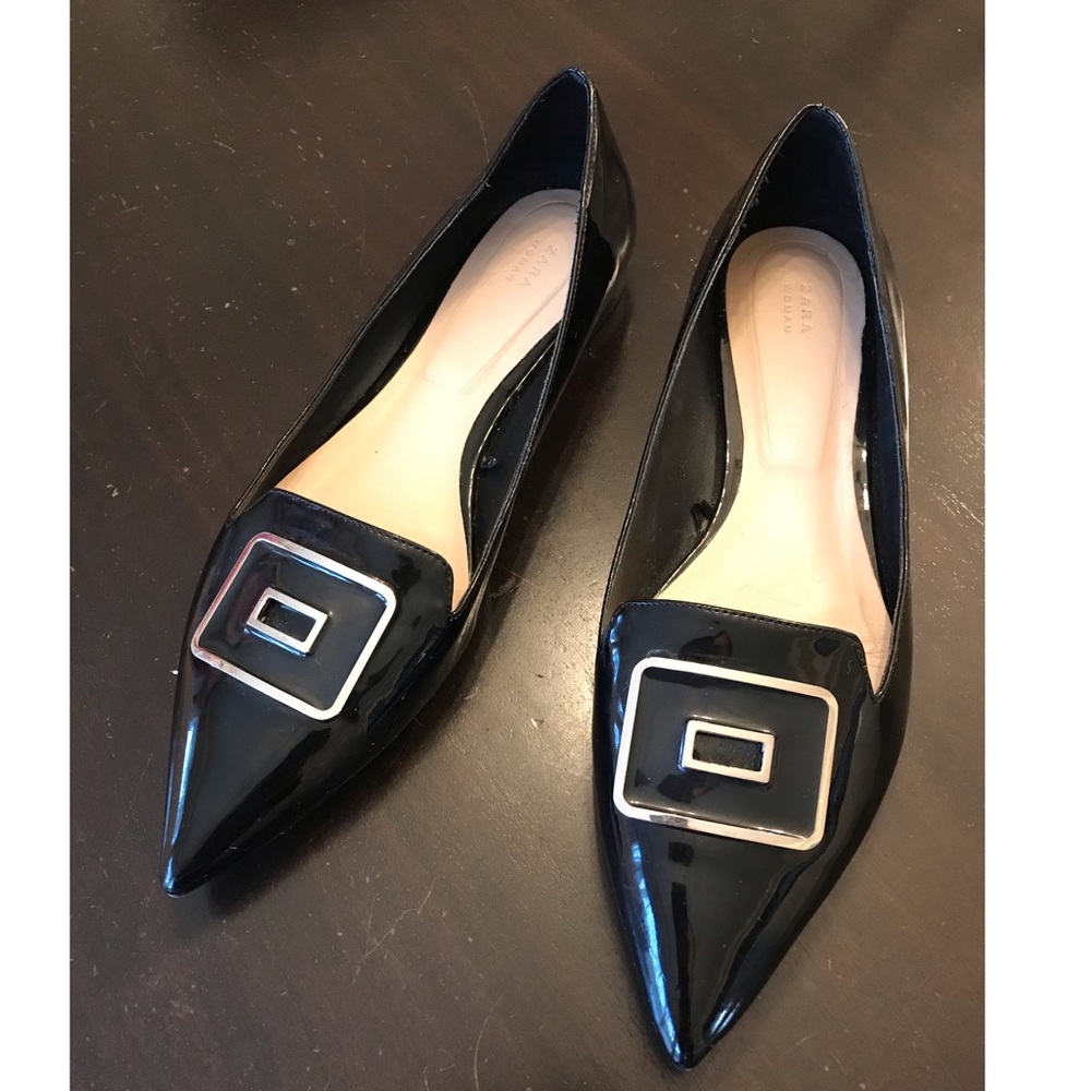 Pointed Toe Black Patent Flats with Silver Buckle